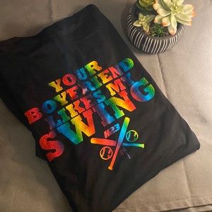 Novelty mens shirt “Your boyfriend likes my swing” pride colors.
